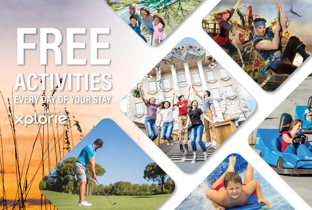 A collage of various activity scenes showing diverse groups of people enjoying different experiences such as golfing, amusement park rides, family outings, and water activities. Bold text highlights the availability of free daily activities.